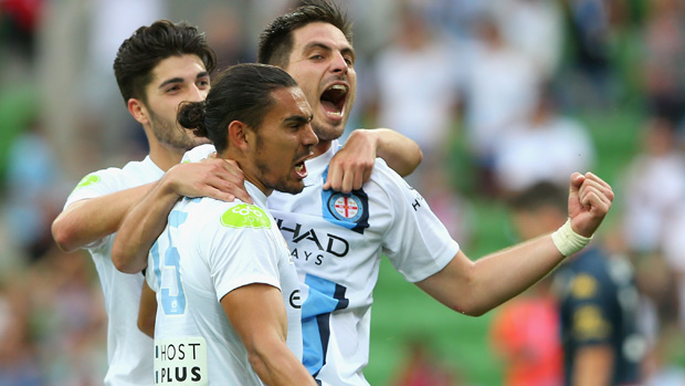 City players celebrate one of Bruno Fornaroli's two goals against the Mariners.