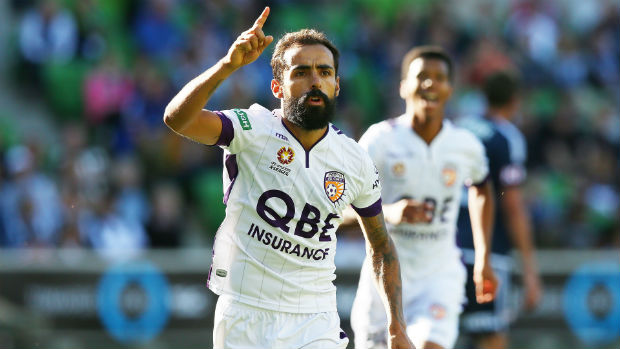Glory marquee Diego Castro celebrates converting his second-half penalty against Victory in Round 12.
